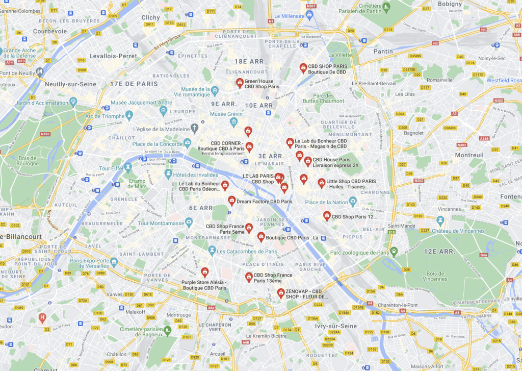Carte des boutiques de CBD sur Paris